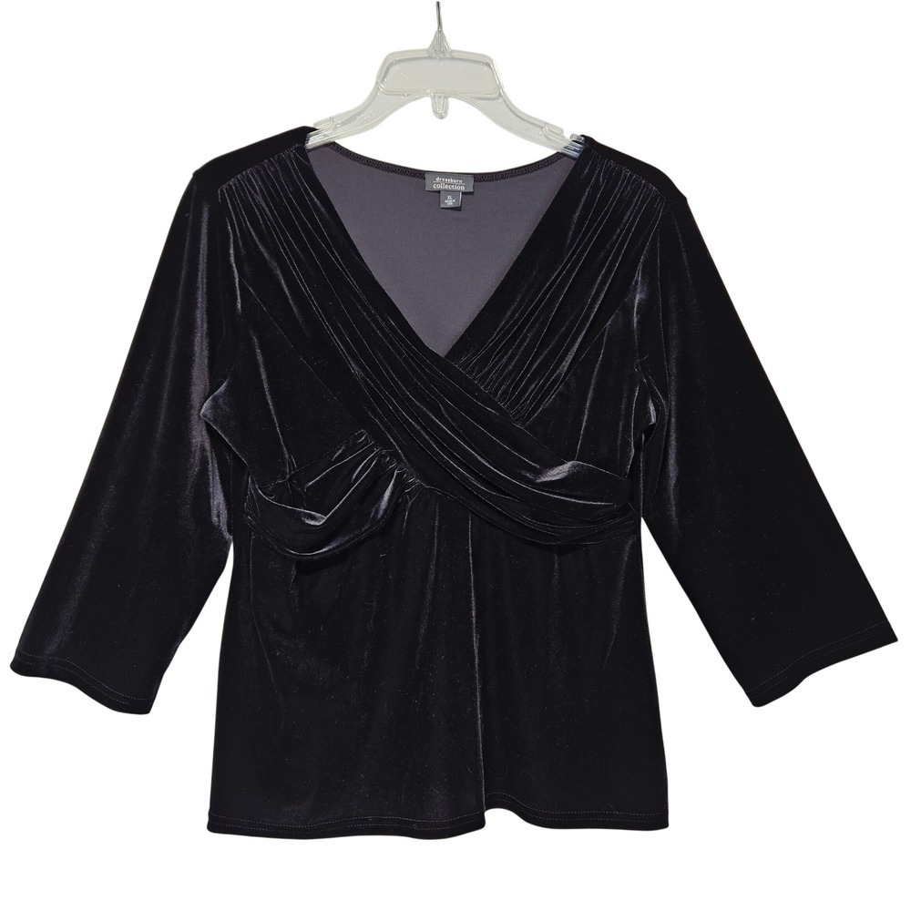 Dressbarn Black Velvet Pleated Surplice Blouse XL Dark Academia Goth Holiday Top